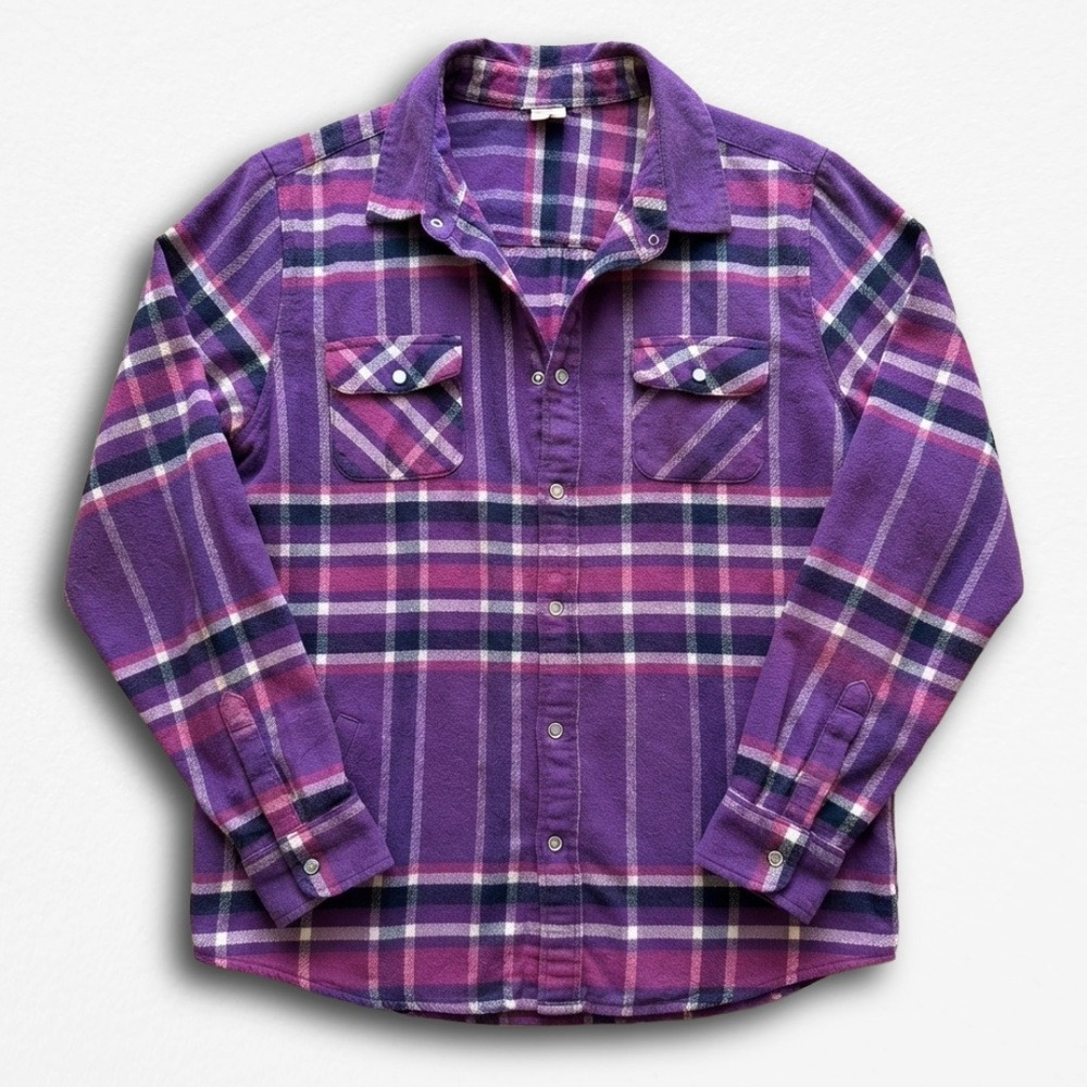 American Sweetheart Purple Plaid Flannel Button Down Shirt Women Long Sleeve L